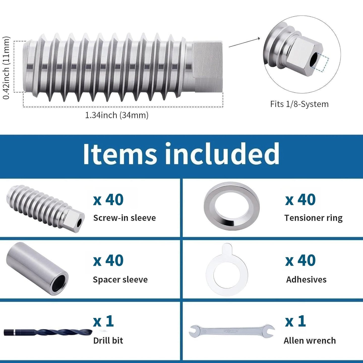 Dimensions of the RiaYer invisible swage tensioner for 1/8 inch cable, showing included components like screw-in sleeves, spacer sleeves, and drill bit.
