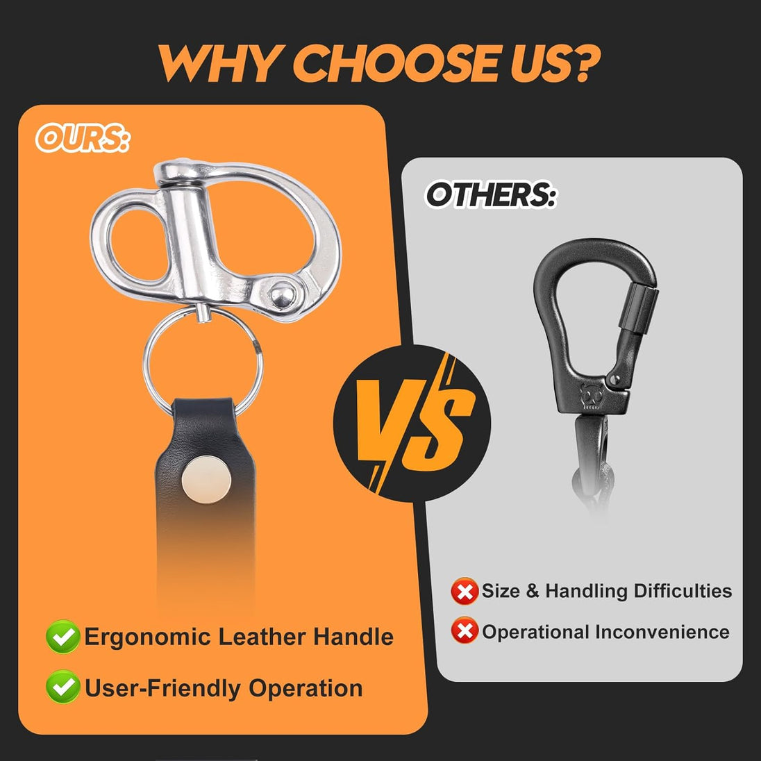 Comparison showing the ergonomic leather handle of RiaYer snap shackle versus standard carabiners.