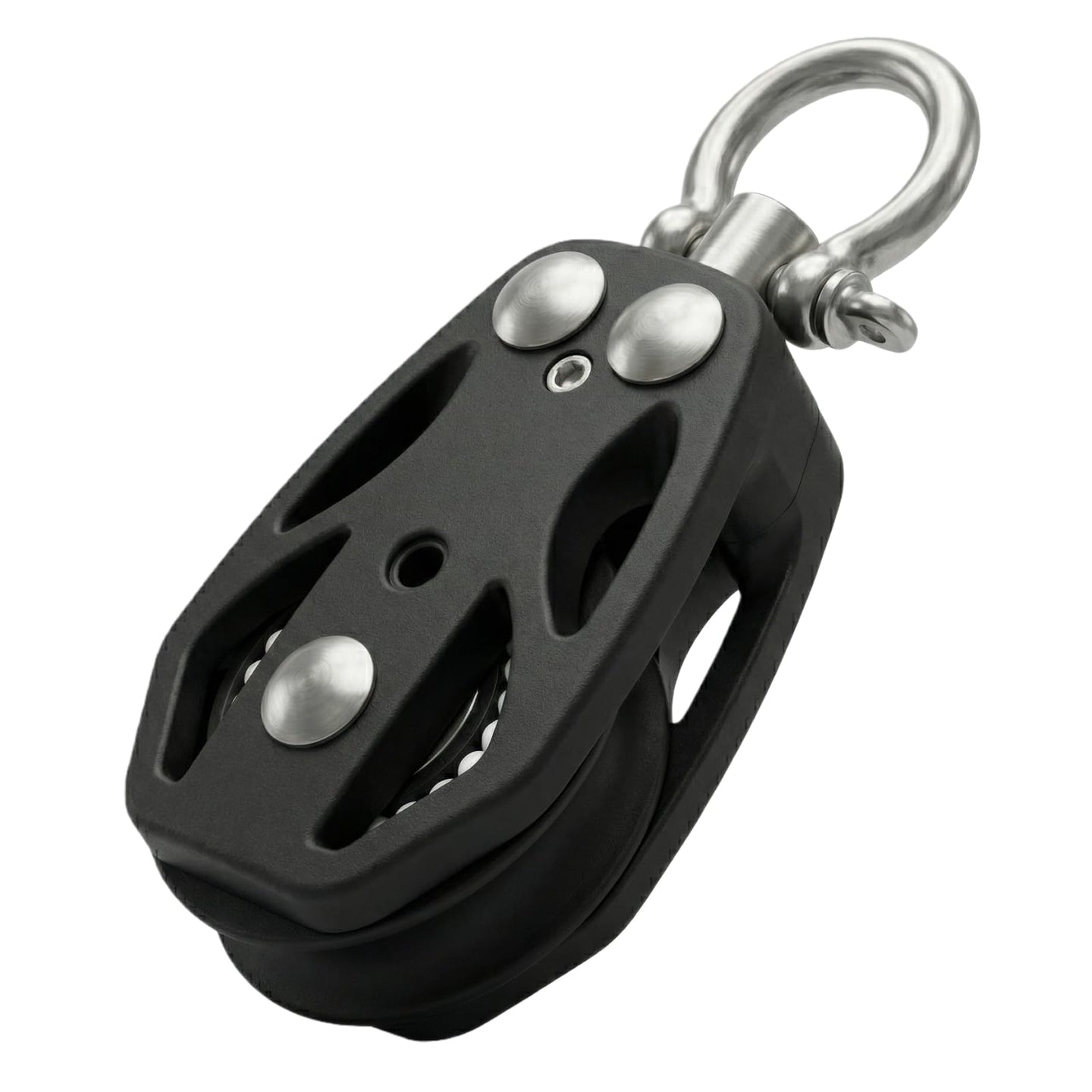 RiaYer black marine pulley block with stainless steel swivel shackle on white background