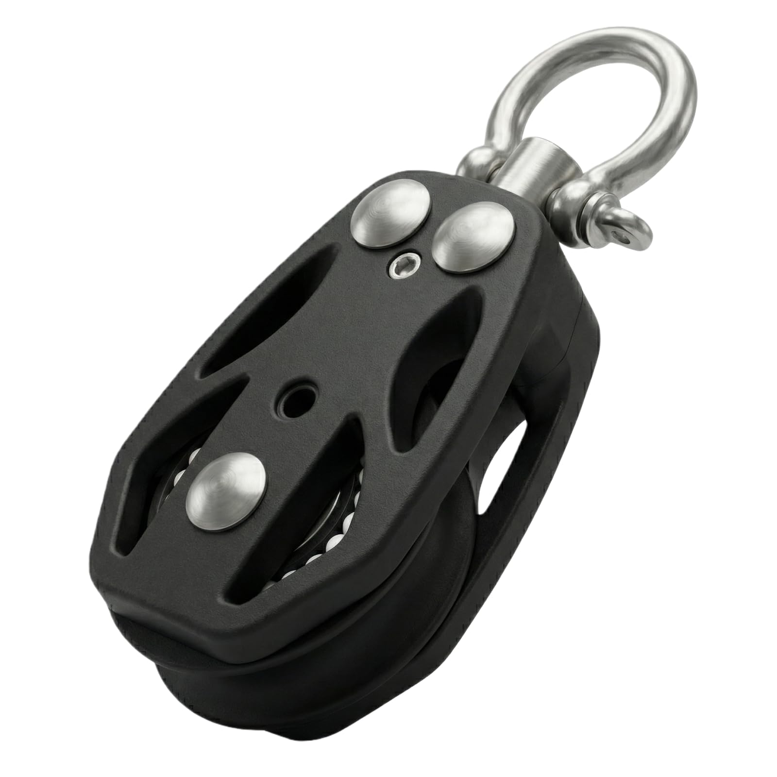 RiaYer black marine pulley block with stainless steel swivel shackle on white background