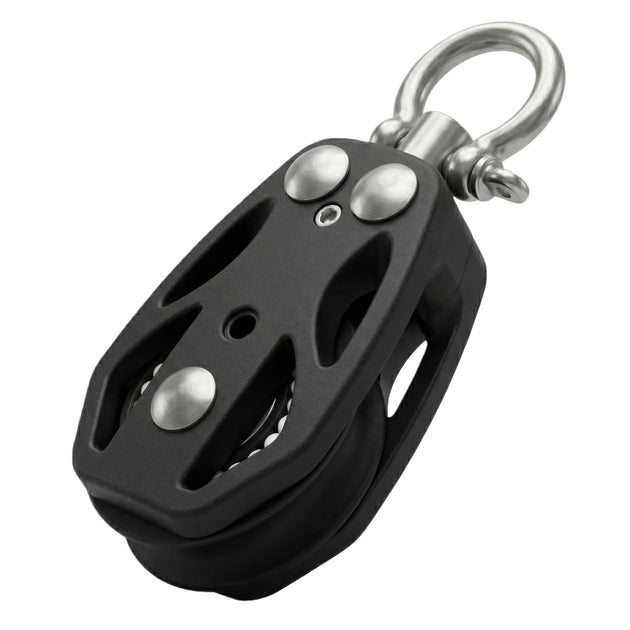 RiaYer black marine pulley block with stainless steel swivel shackle on white background