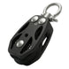RiaYer black marine pulley block with stainless steel swivel shackle on white background