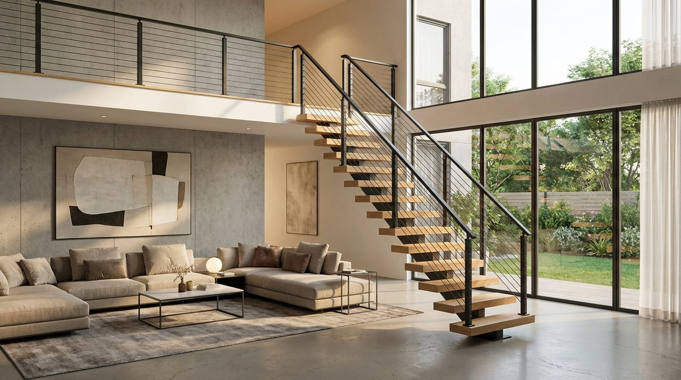 Modern indoor cable railing system with black posts for stairs, balcony, and deck railing projects