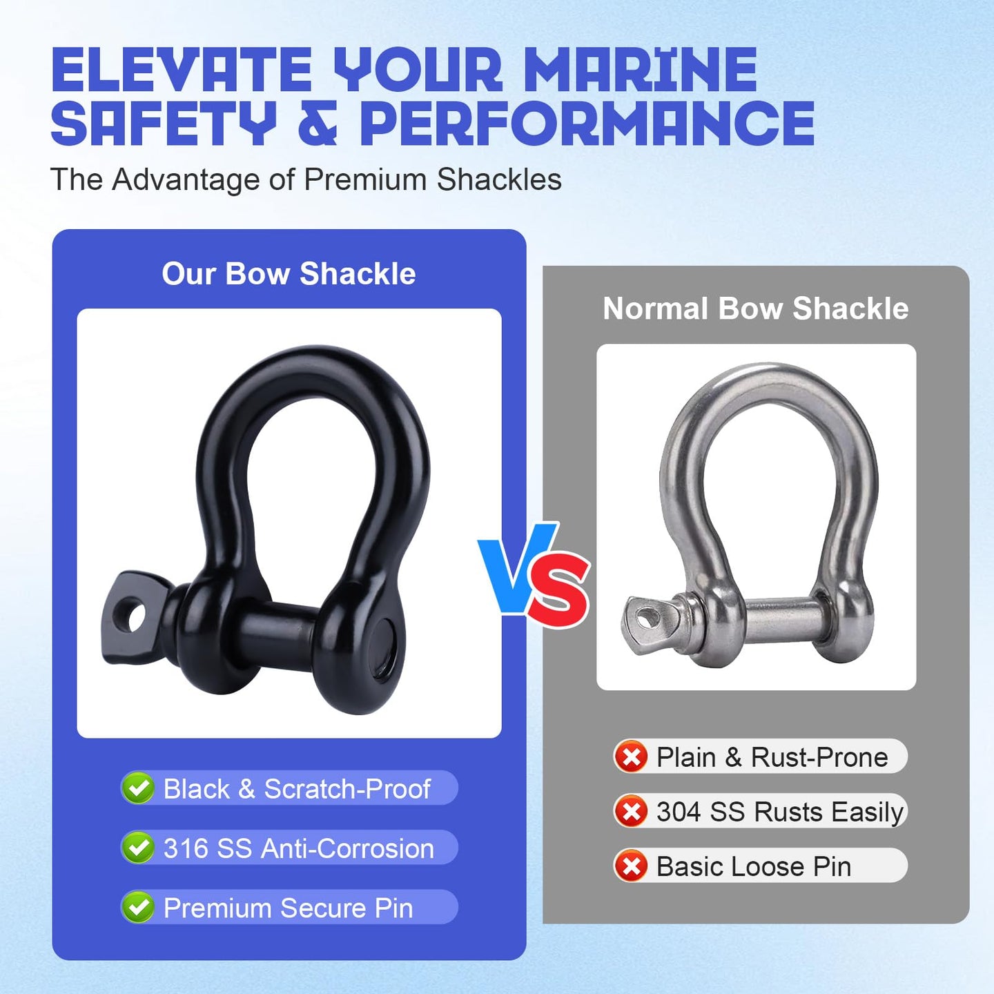 Comparison of RiaYer premium black stainless steel bow shackle versus standard normal shackles.