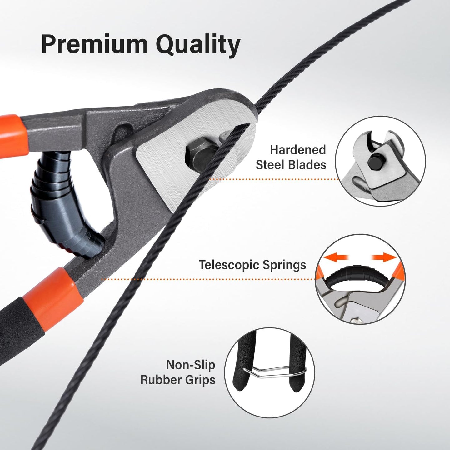 Features of the premium wire rope cutter included with RiaYer cable, showing thickened steel blades and telescopic springs