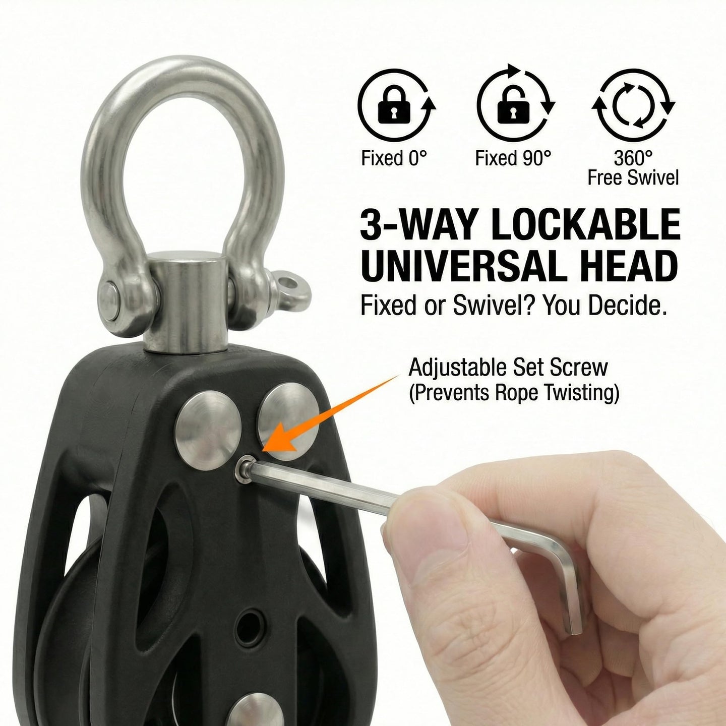 Adjusting the 3-way lockable universal head on RiaYer pulley block using a set screw to prevent rope twisting