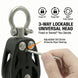 Adjusting the 3-way lockable universal head on RiaYer pulley block using a set screw to prevent rope twisting