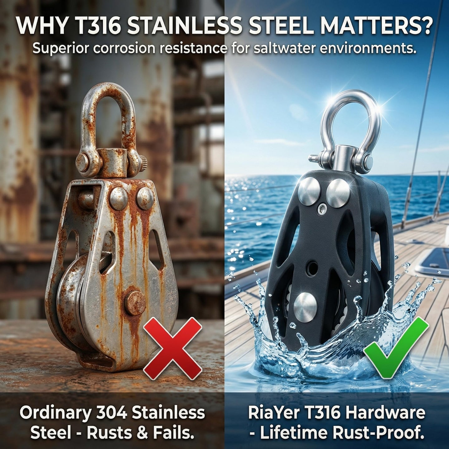  Comparison showing RiaYer rust-proof T316 marine grade stainless steel pulley versus ordinary rusting 304 steel