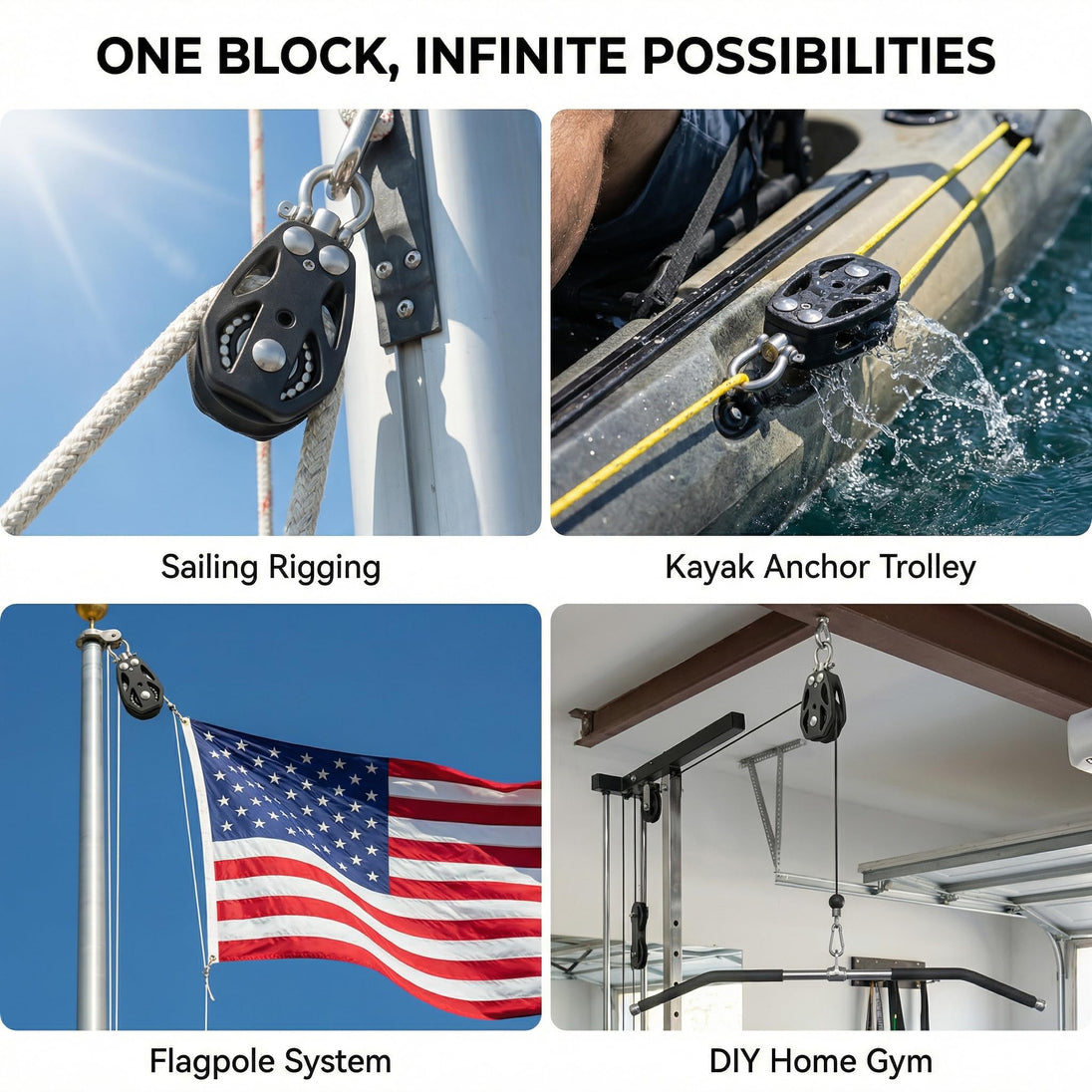 Multi-purpose applications of RiaYer marine pulley including sailing rigging kayak anchor trolley flagpole and home gym