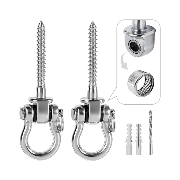 Close-up detail of the silent needle roller bearing inside the RiaYer stainless steel swing hanger. The 2-pack kit includes a matching drill bit and concrete anchors.
