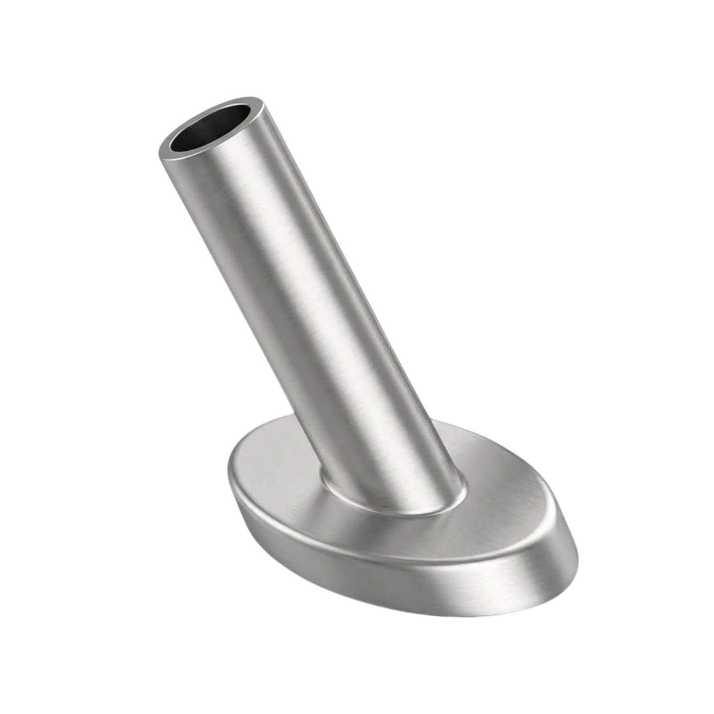 Silver angled protective sleeve for 1/8 inch cable railing on wood stairs.