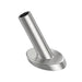 Silver angled protective sleeve for 1/8 inch cable railing on wood stairs.