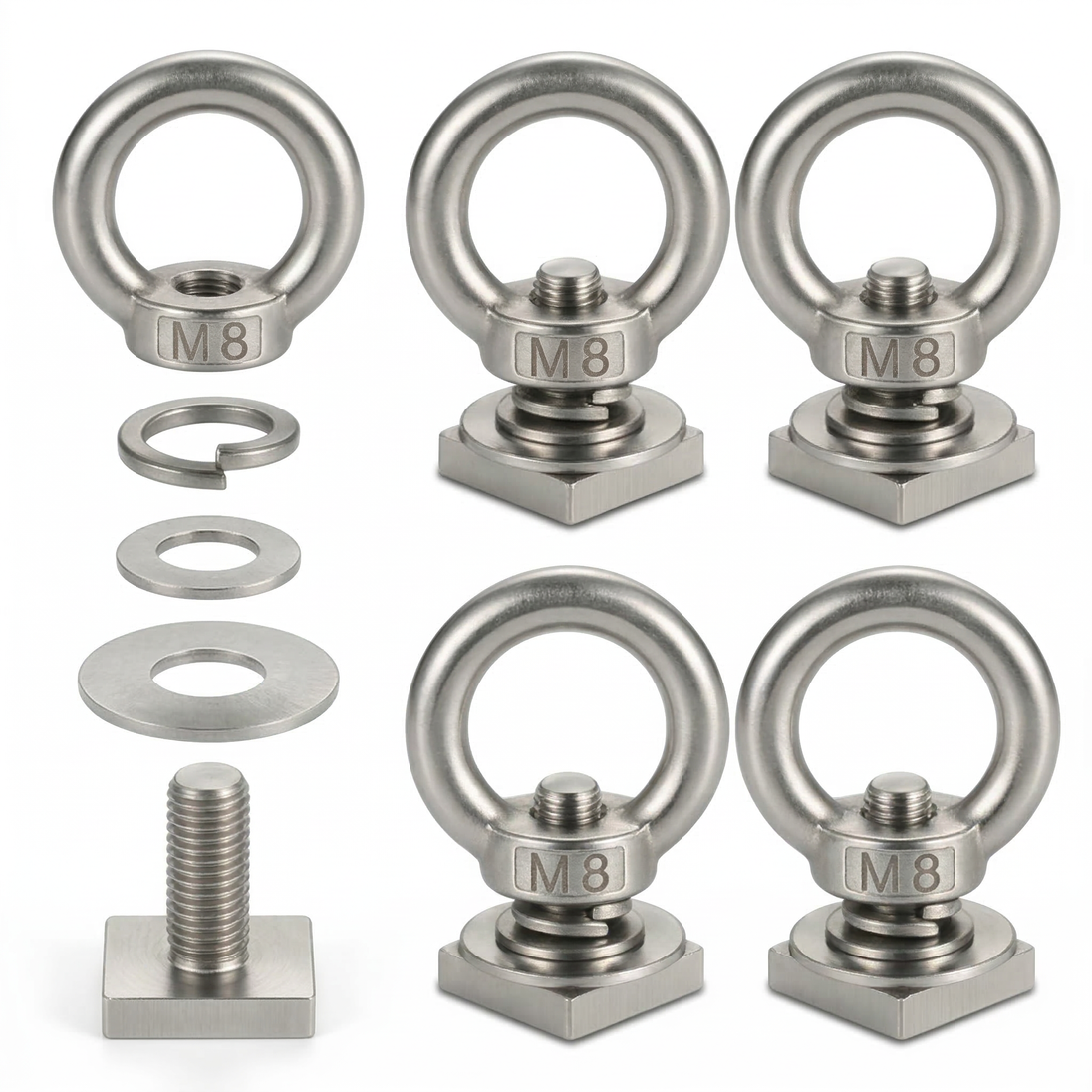 4 Pack of RiaYer silver 304 stainless steel M8 T-track tie down anchors.