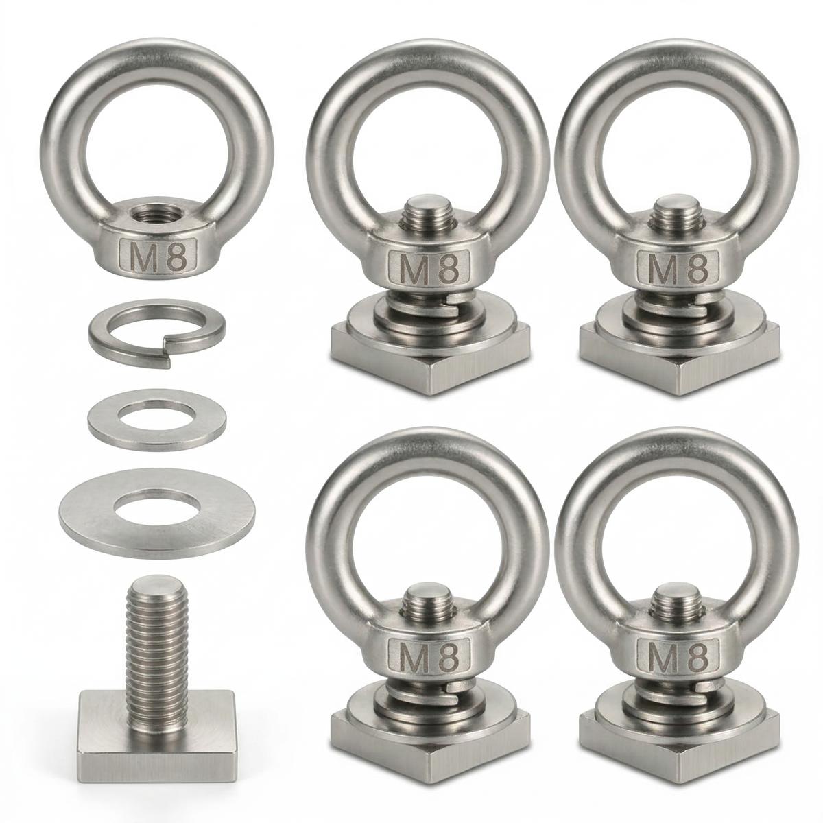 4 Pack of RiaYer silver 304 stainless steel M8 T-track tie down anchors.