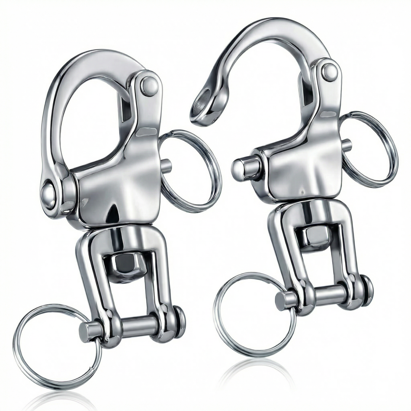 2 Pack of RiaYer polished silver T316 stainless steel swivel snap shackles for marine boat rigging.