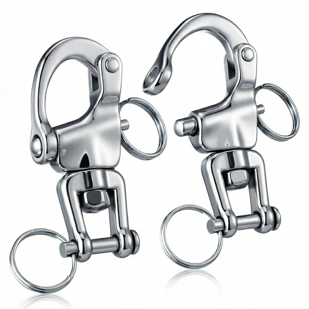2 Pack of RiaYer polished silver T316 stainless steel swivel snap shackles for marine boat rigging.