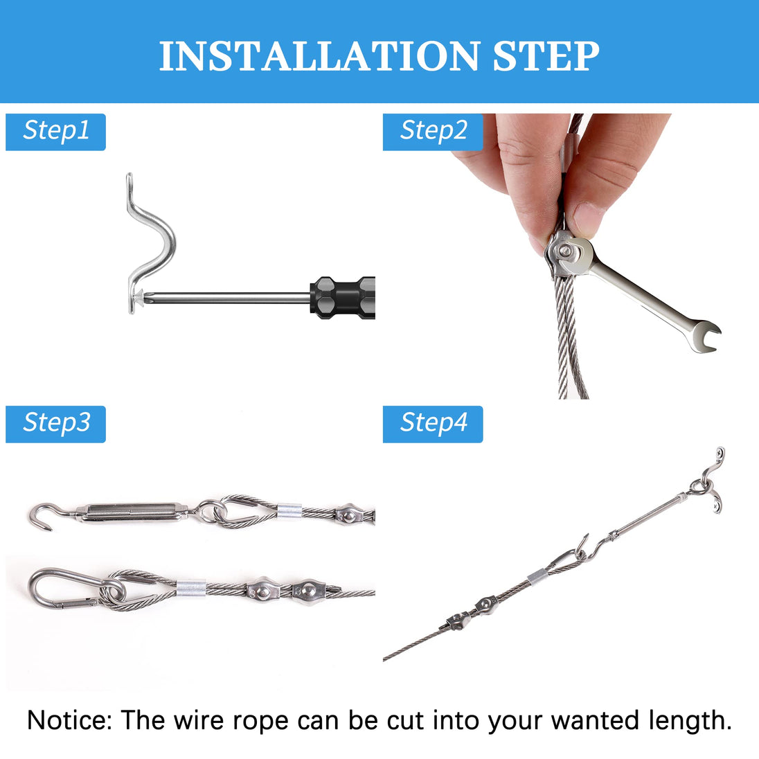 Four-step installation guide for RiaYer stainless steel clothesline kit showing hardware assembly and wire rope tensioning.