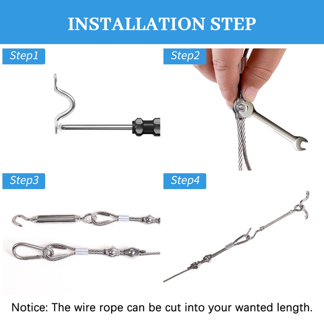 Four-step installation guide for RiaYer stainless steel clothesline kit showing hardware assembly and wire rope tensioning.