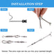 Four-step installation guide for RiaYer stainless steel clothesline kit showing hardware assembly and wire rope tensioning.
