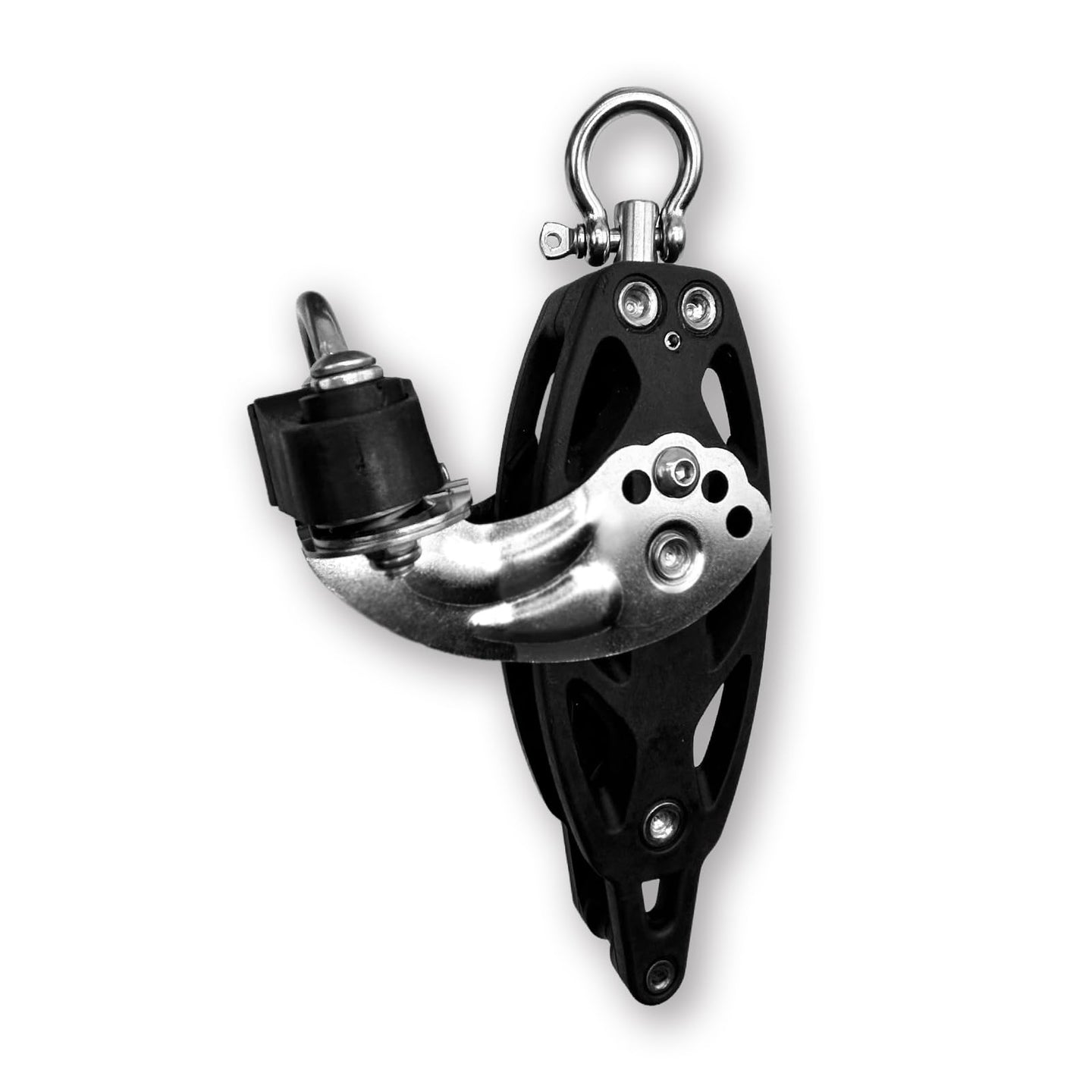 RiaYer single swivel becket block marine pulley featuring an integrated cam cleat for sailboats.