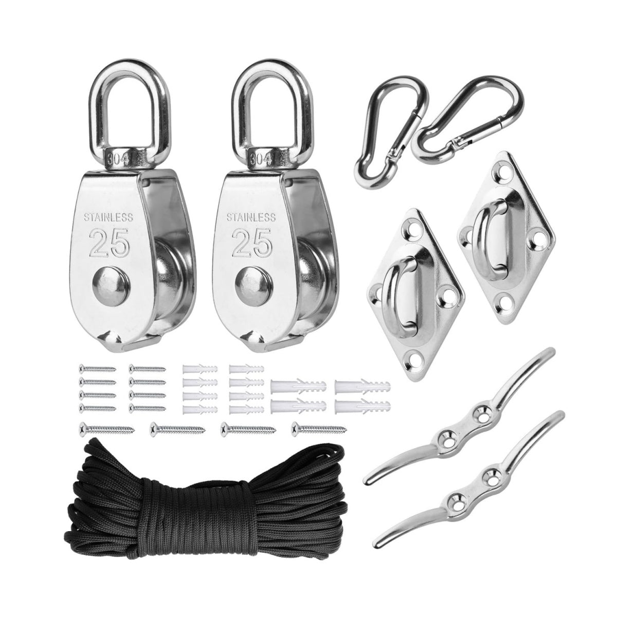 RiaYer 304 stainless steel swivel pulley block and rope hoist kit with snap hook and cleats.