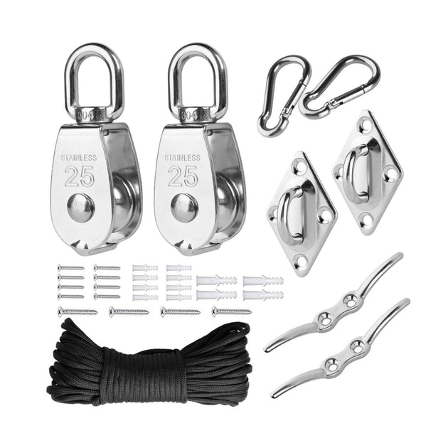 RiaYer 304 stainless steel swivel pulley block and rope hoist kit with snap hook and cleats.
