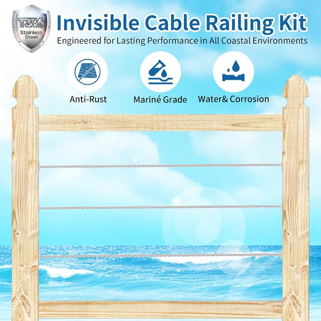 RiaYer invisible cable railing kit installed on a coastal wood deck, featuring marine grade T316 stainless steel for anti-rust performance.