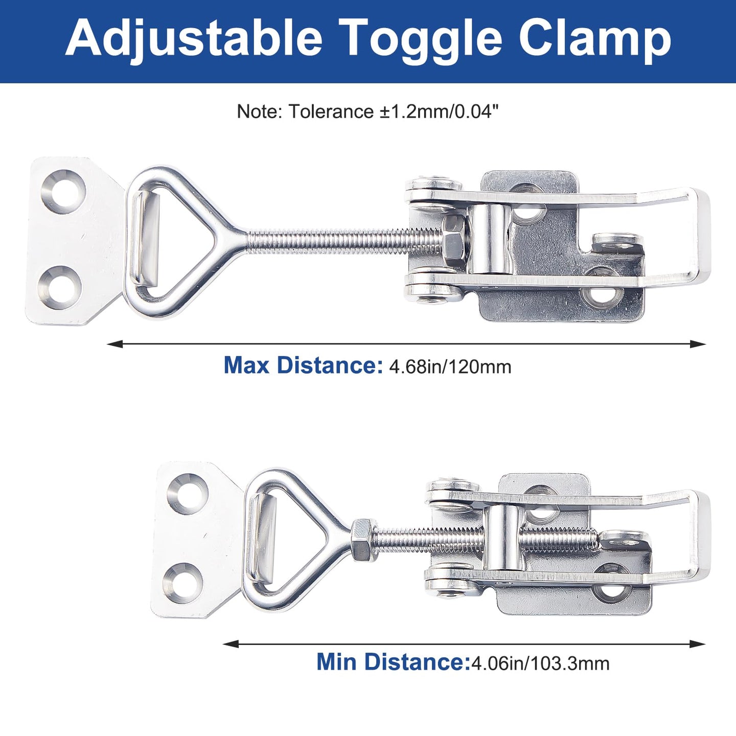 Adjustable locking distance guide for RiaYer toggle clamp showing min and max range.
