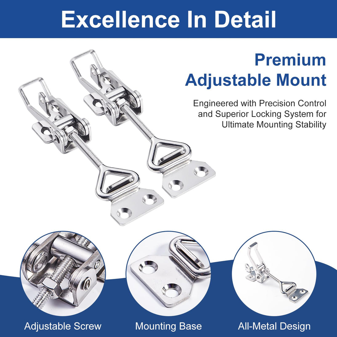 Details of RiaYer toggle latch including adjustable screw, mounting base, and all-metal design.