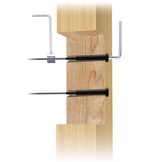Diagram showing the RiaYer anti-spin gripping tool holding a cable steady in a wood post while installing protective sleeves.