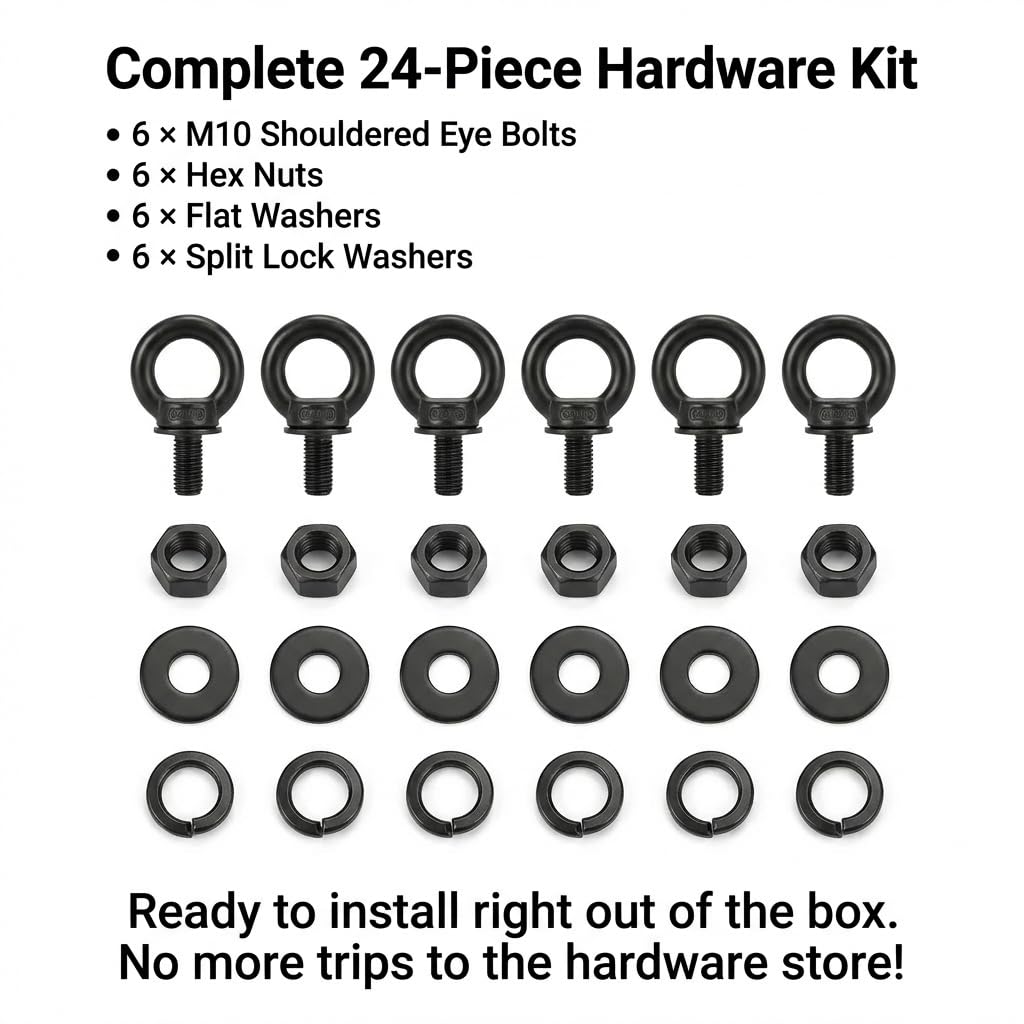 Infographic detailing the Bill of Materials (BOM) for a rigging anchor hardware kit, clearly laying out all the included 24 pieces of eye bolts, washers, and nuts.