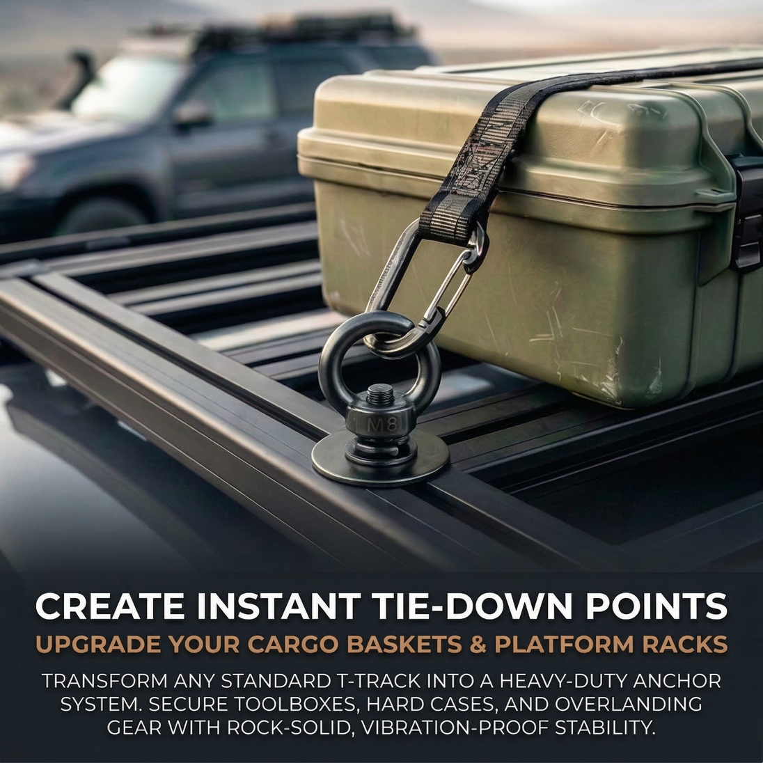 Using the RiaYer black eye bolt anchor to secure a cargo box on a vehicle roof rack.