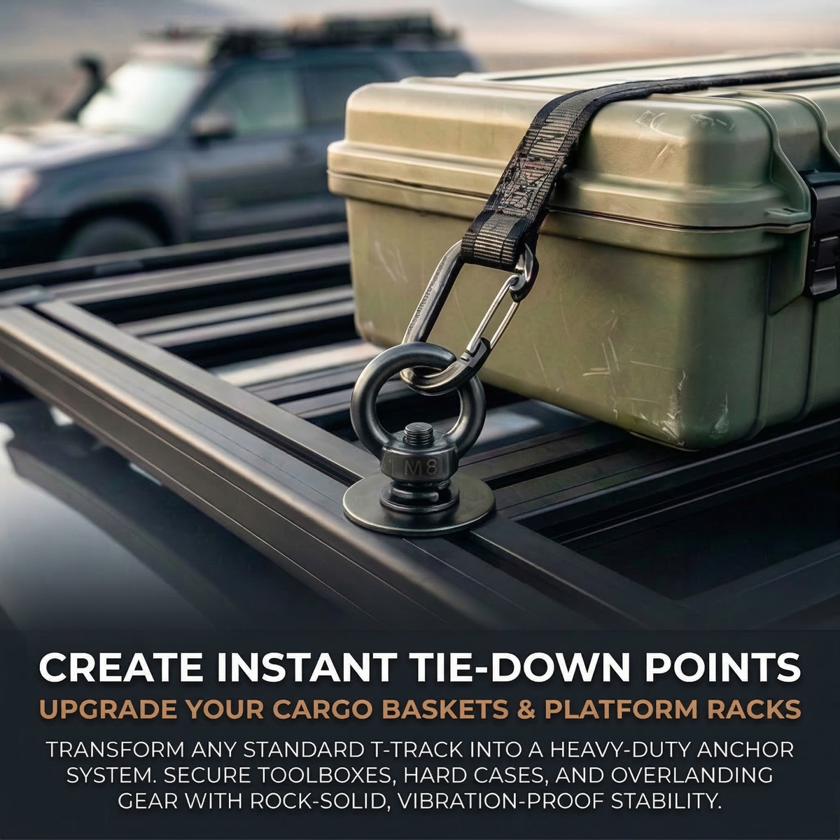 Using the RiaYer black eye bolt anchor to secure a cargo box on a vehicle roof rack.