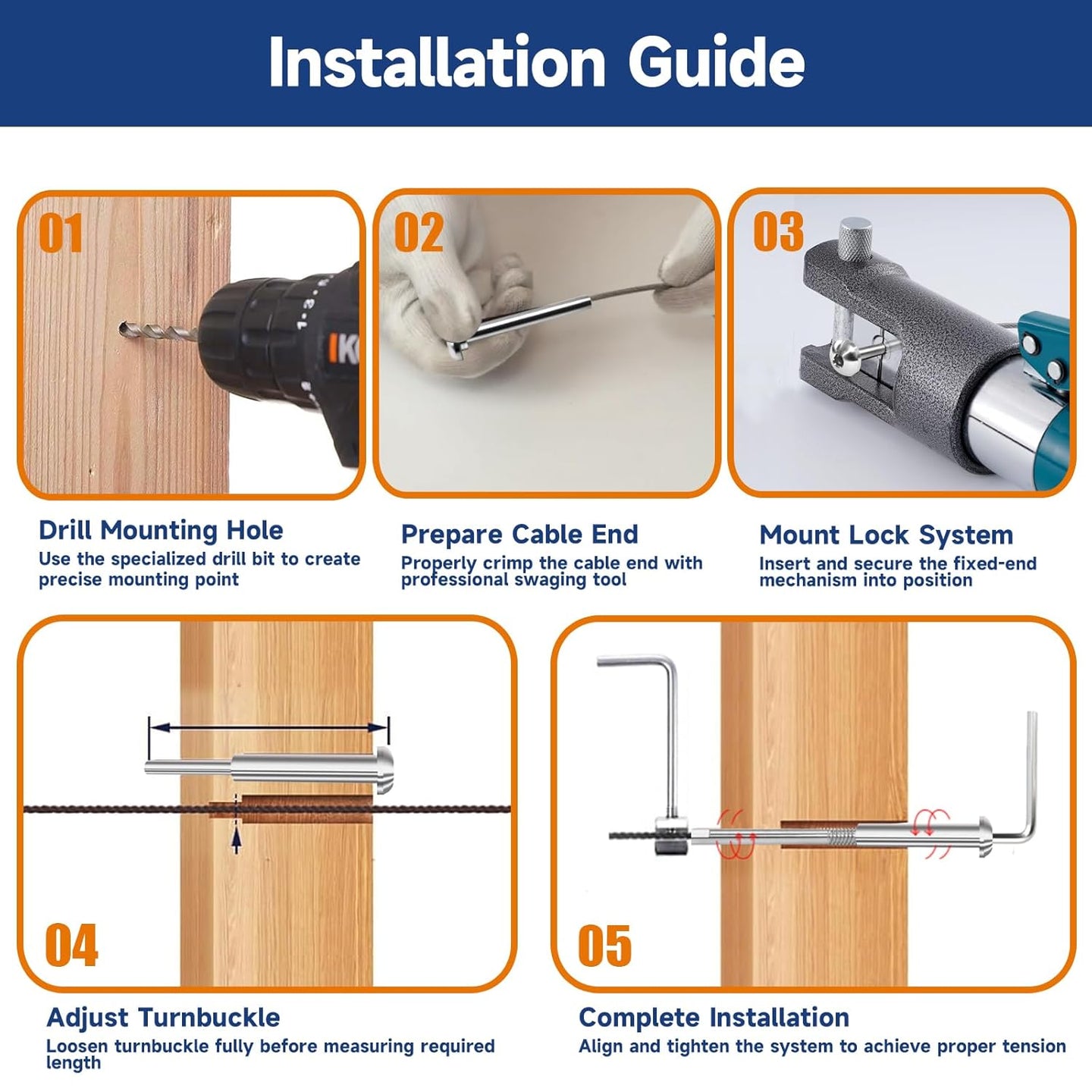 Step by step installation guide for round head invisible cable railing including drilling and swaging