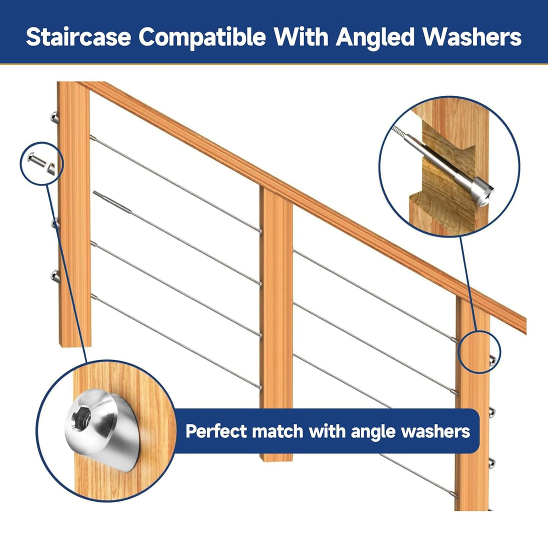 Using angle washers with round head invisible cable tensioner for staircase railing