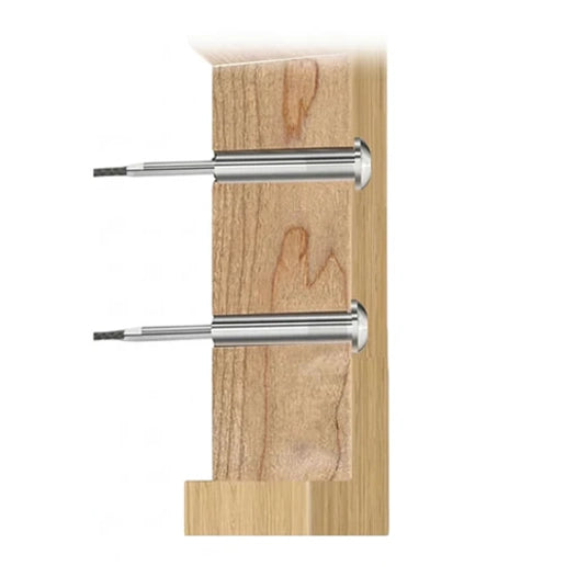 Cross section of wood post showing the hidden receiver of the round head invisible cable tensioner