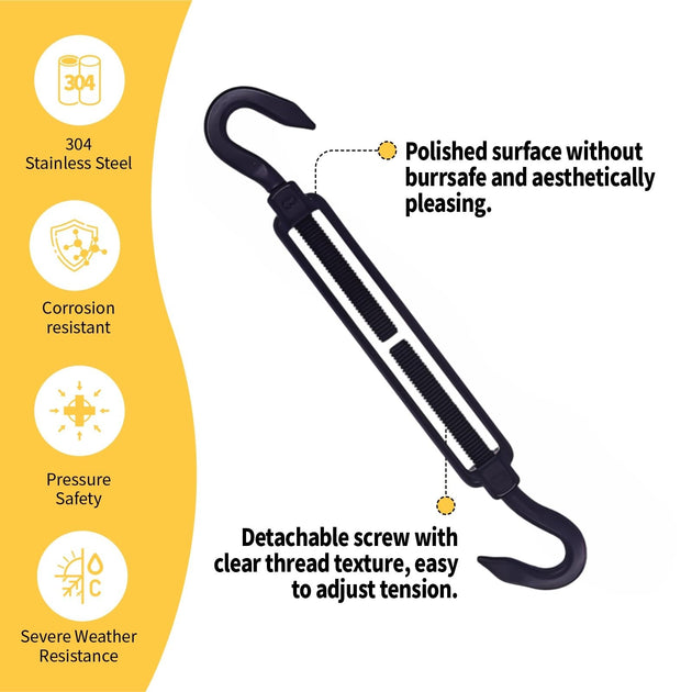 Product feature infographic highlighting the rust-proof and durable qualities of a premium black marine-grade hook turnbuckle.