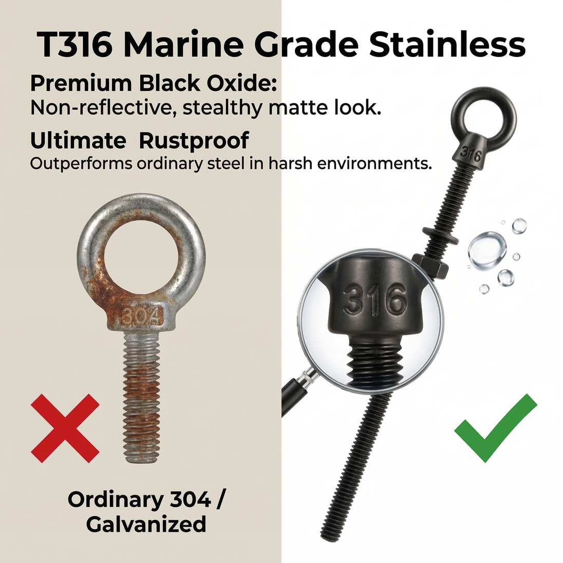 Quality comparison infographic showing a rusted traditional eye bolt next to a rust-proof, marine-grade T316 black stainless steel eye bolt.