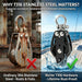 Quality comparison graphic showing a rusted traditional pulley with a red X, next to a rust-proof, marine-grade black stainless steel pulley with a green checkmark.