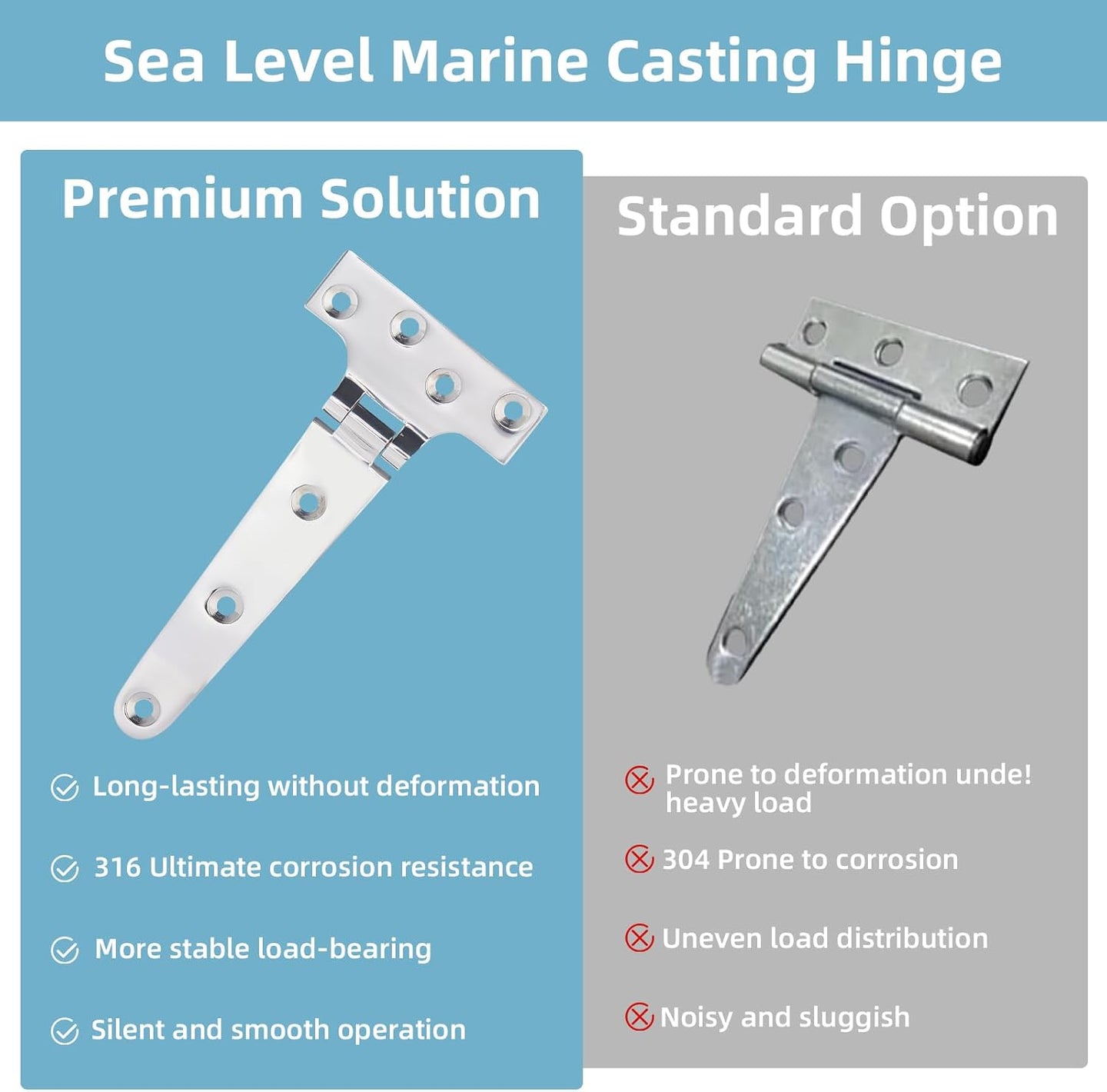 Comparison showing rust resistant 316 marine grade stainless steel dock gate hinge