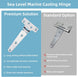Comparison showing rust resistant 316 marine grade stainless steel dock gate hinge