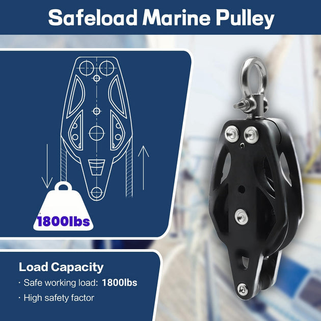 Safe working load capacity of 1800 lbs for RiaYer marine pulley block.