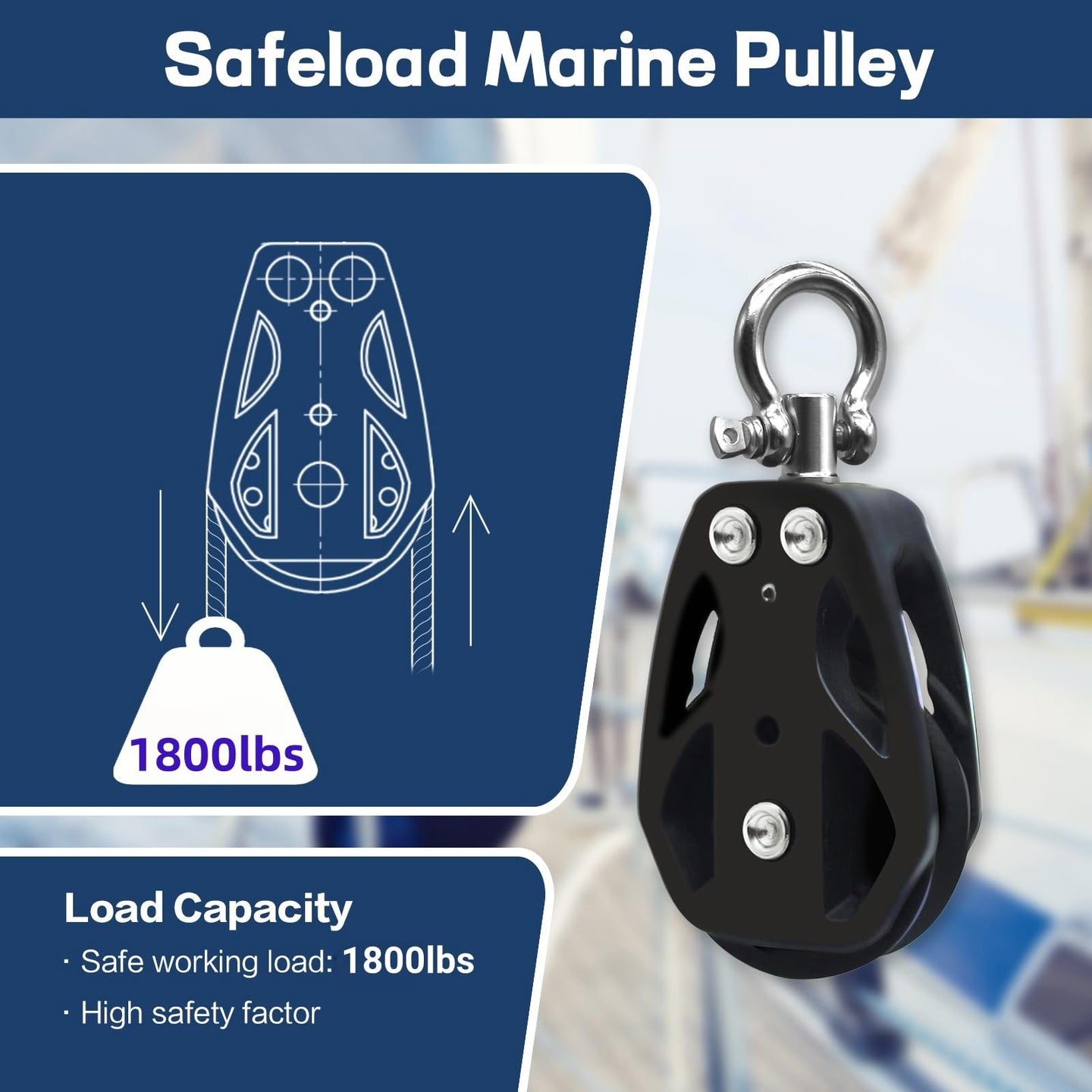 1800 lbs safe working load limit for the 35mm RiaYer marine pulley.