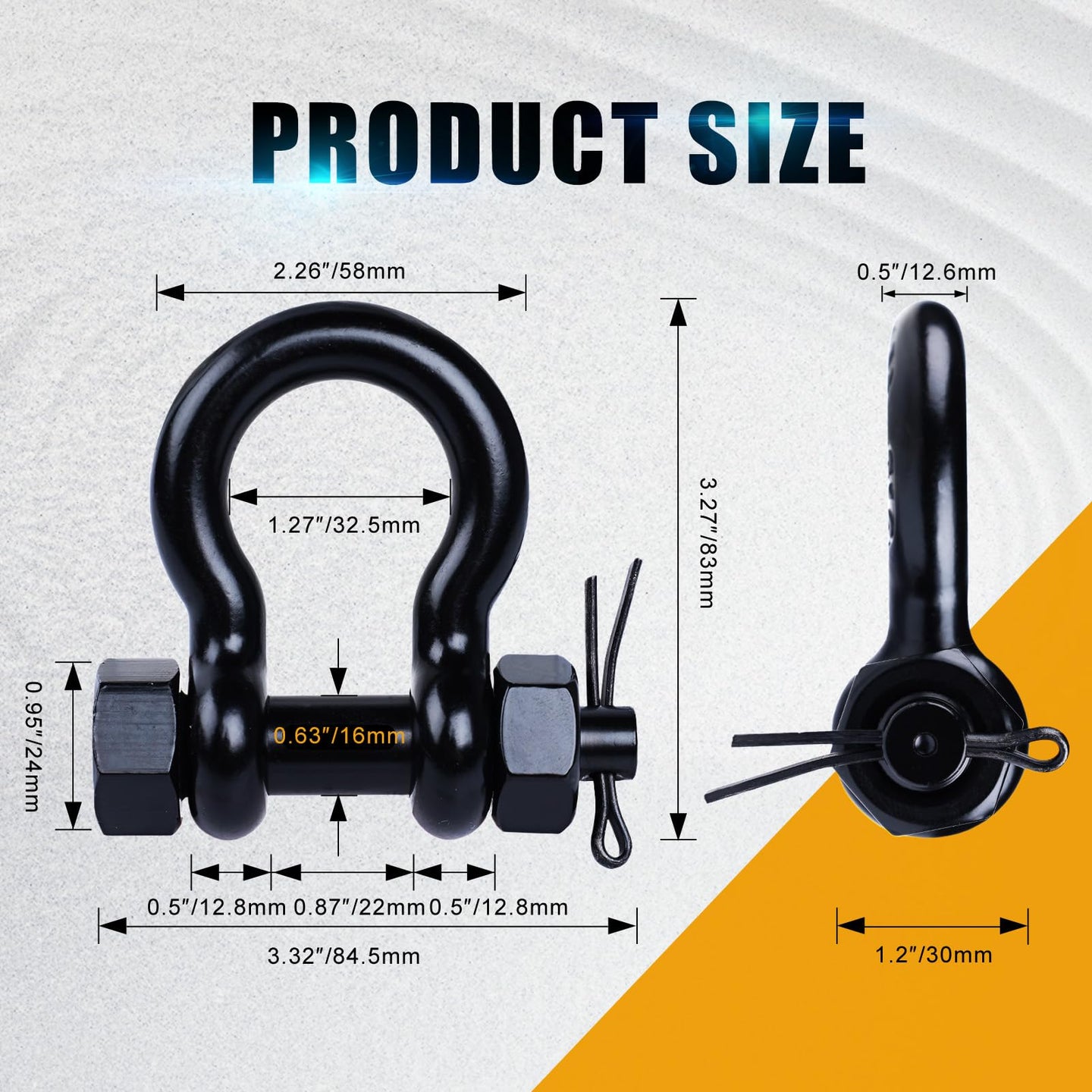Detailed size map and technical dimensions for RiaYer safety bow shackles.
