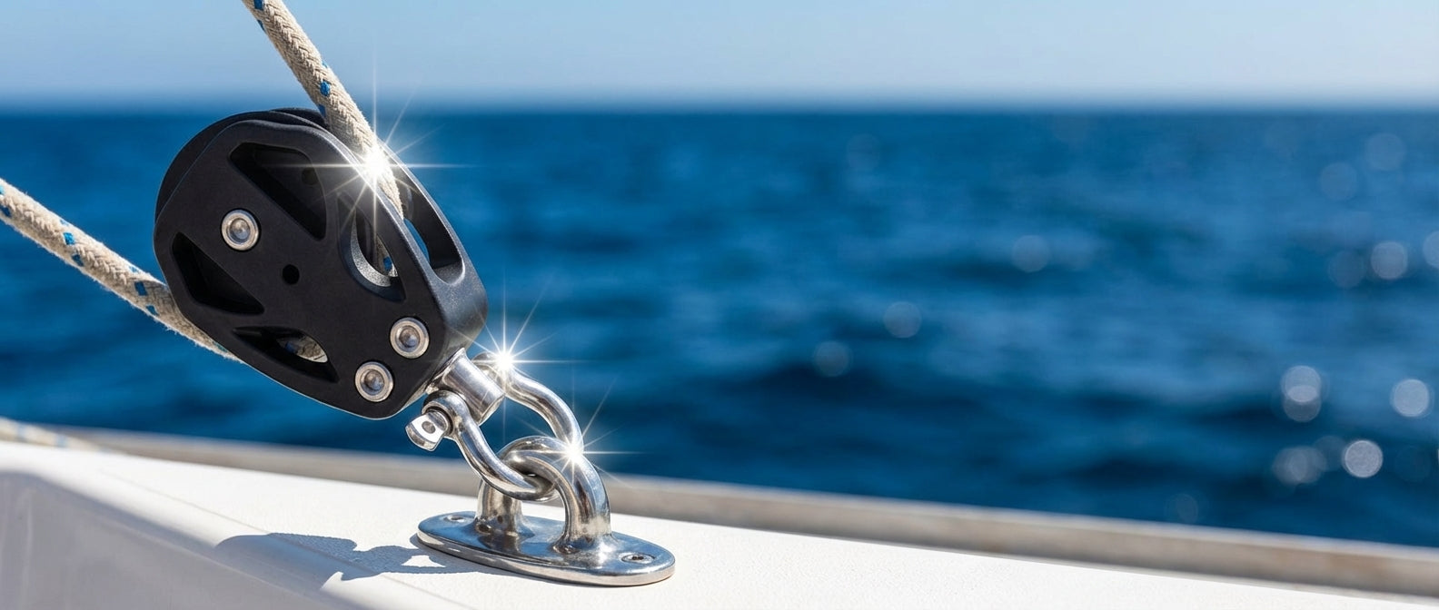 Close-up of a black sailboat block guiding a braided rope, securely attached to a white boat deck via a gleaming stainless steel shackle and pad eye, with a bright blue ocean in the background.