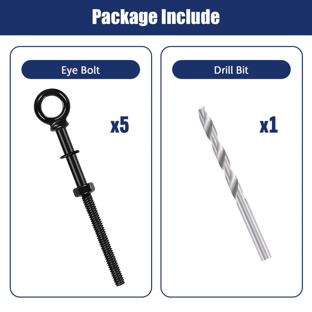 Graphic detailing the package contents of a suspension kit, including the threaded screw eye bolts and matching plastic wall anchors for secure concrete or wood installation.