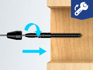 Screw-lock cable railing terminal secures wire rope into a wood post without hydraulic crimping