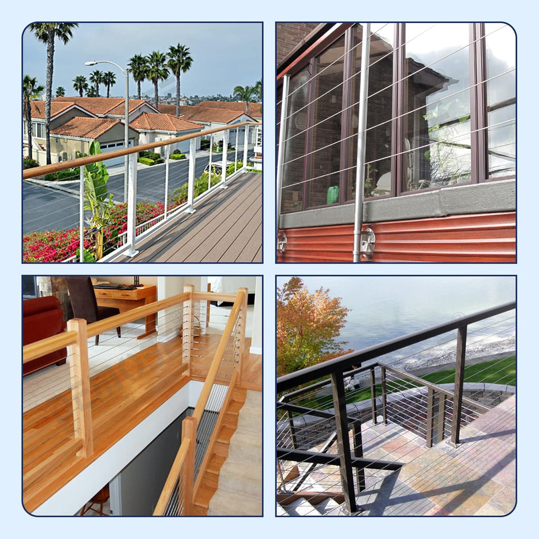 Four examples of seamless black cable railing applications on decks and stairs