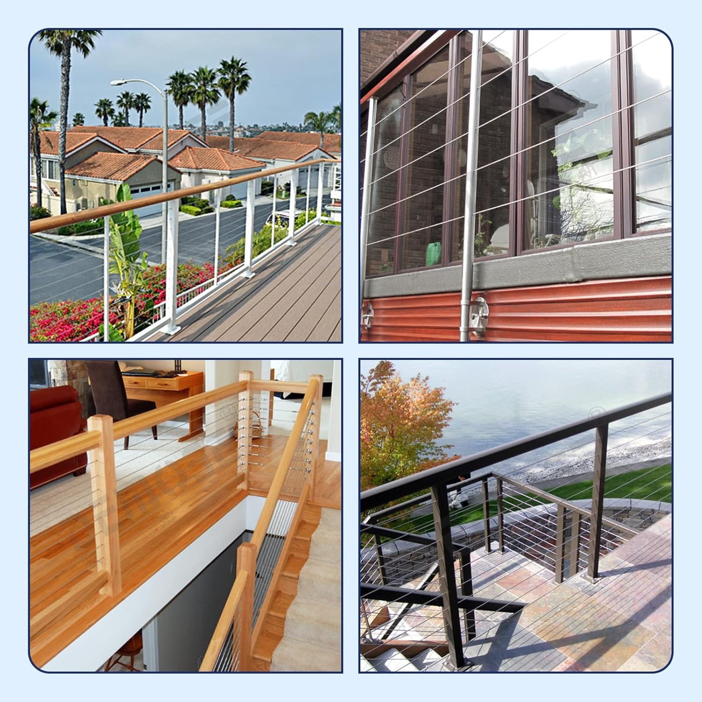 Four examples of seamless black cable railing applications on decks and stairs