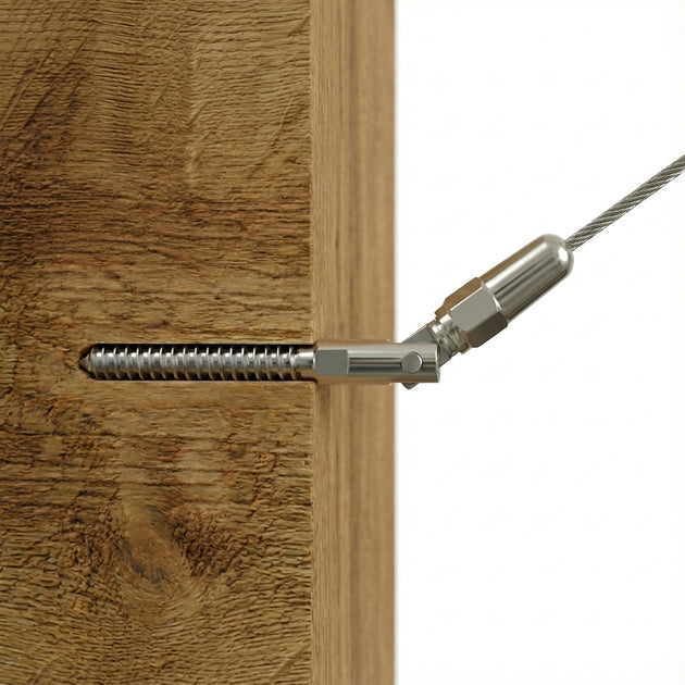 Silver adjustable cable railing terminal pivoting from 0 to 180 degrees